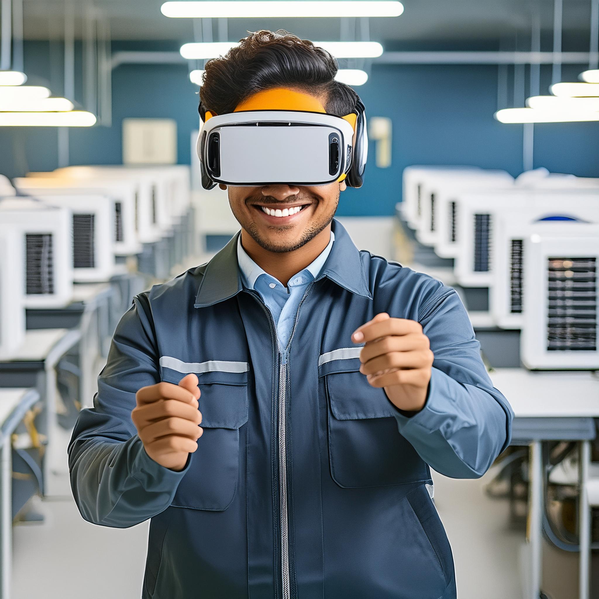 A student wearing a virtual reality headset in a futuristic computer lab.