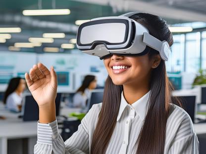 A student wearing a virtual reality headset in a futuristic computer lab.