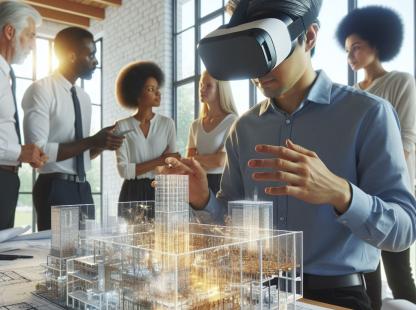 A person wearing a VR headset is looking at a virtual 3D representation of a building plan while a group of people appear to be discussing in the background.