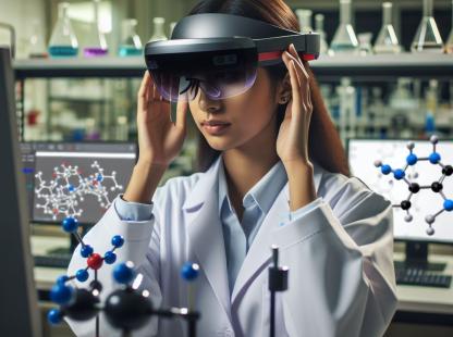 A female researcher in a chemical laboratory using a mixed reality headset like the Microsoft Hololens 2 to study atomic structures. The laboratory in the background has a few all-in-one computers and some chemical laboratory equipment.